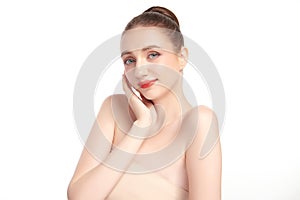 Beautiful young woman with clean fresh skin on white background, Face care, Facial treatment, Cosmetology, beauty and spa, women