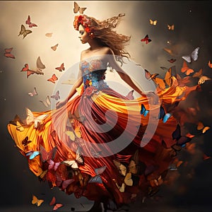 Beautiful young woman in a colorful dress with butterflies flying around her