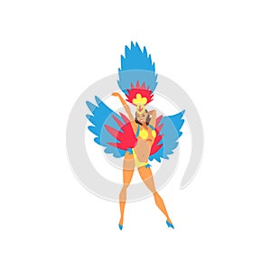 Beautiful Young Woman in Colorful Festival Costume, Brazilian Samba Dancer, Rio de Janeiro Carnival Vector Illustration