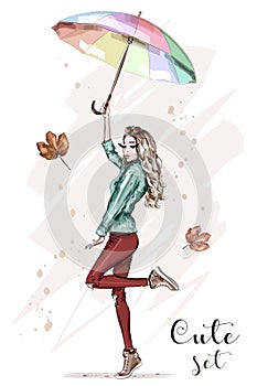 Bellissimo giovane donna colorato un ombrello. elegante dipinto a mano moda i vestiti. moda una donna. schizzo 