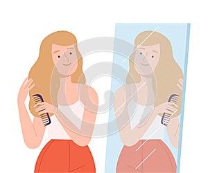 Beautiful Young Woman Combing her Hair Looking at Herself in Mirror Cartoon Style Vector Illustration