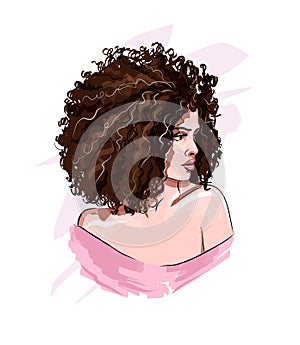 Beautiful young woman with curly hair. Stylish african american girl with afro hairstyle, colored drawing, realistic