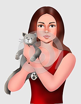 Beautiful young woman and cute kitty  animal love  pet, animal care, animal, animals, cat, human, woman, girl, illustration