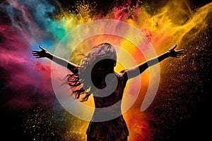Beautiful young woman dancing in color powder explosion on black background, Colorful explosion of color powder with a silhouette
