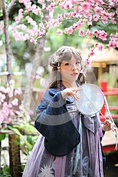 Beautiful young woman with dark blue Chinese lolita dress with Chinese garden photo