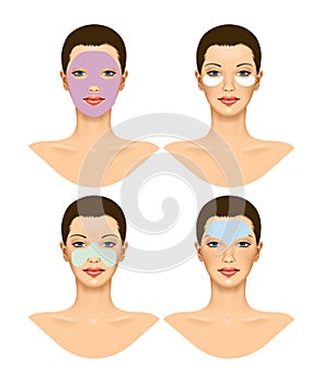 Beautiful young woman with different face masks.