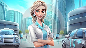Beautiful young woman doctor on the background of the city. 3d rendering