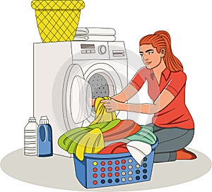 Beautiful young woman doing laundry at home.