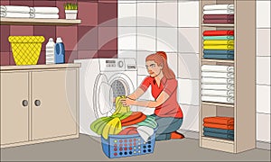 Beautiful young woman doing laundry at home.