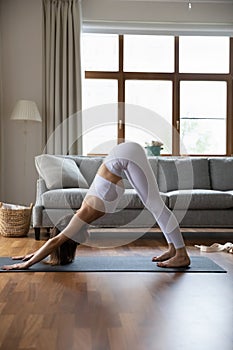 Beautiful young woman doing yoga in living room, vertical view