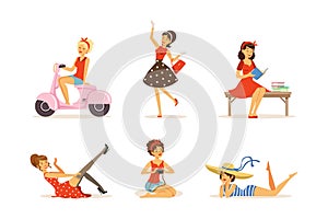Beautiful Young Woman Dressed in Retro Style Clothes Engaged in Different Activity Vector Set