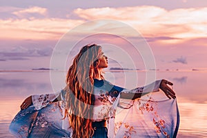 Beautiful young woman in elegant dress on the beach at sunset