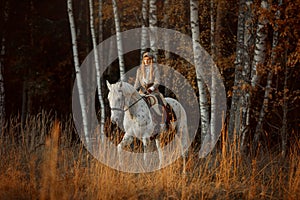 Beautiful young woman in English hunter wear style with Knabstrupper horse