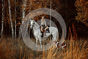 Beautiful young woman in English hunter wear style with Knabstrupper horse