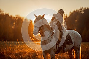 Beautiful young woman in English hunter wear style with Knabstrupper horse