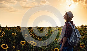 Beautiful young woman enjoying nature on the field of sunflowers at sunset