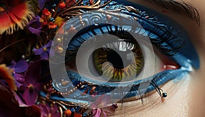 A beautiful young woman eye, adorned with vibrant peacock feathers generated by AI