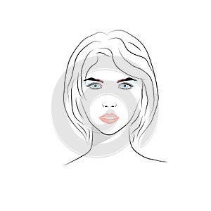 Beautiful young woman face with nude make-up hand drawn vector illustration