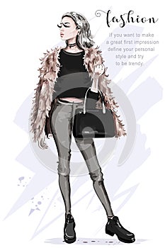 Beautiful young woman in fashion clothes: faux fur jacket