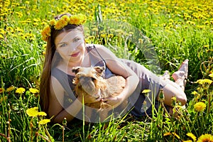 Beautiful young woman on a field with green grass and yellow dandelion flowers in a sunny day. Girl with small dog on nature