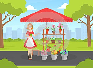 Beautiful Young Woman Florist in Apron Selling Bouquets of Flowers at Street Market Kiosk or Stand Flat Vector