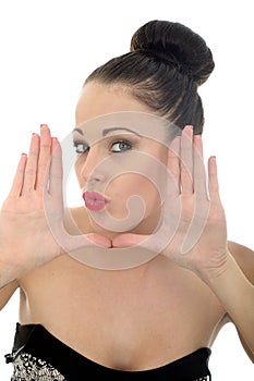 Beautiful Young Woman Framing Her Face With Her Hands Looking Ha