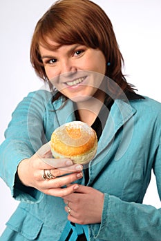 The beautiful young woman with friedcake