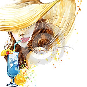 Beautiful young woman with fruit cocktail. Girl and beach cocktail party. cocktail party poster background