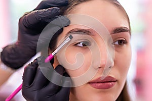 Beautiful young woman gets eyebrow correction procedure. Young woman painting her eyebrows in beauty saloon. Close-up of a young