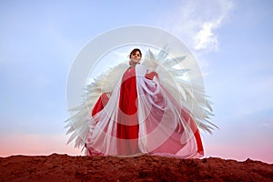 Beautiful young woman or girl with curly hair and in red dress with a light flying fabric and white wings on the sand on