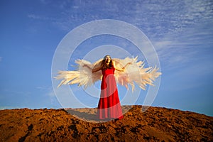 Beautiful young woman or girl in red dress and white wings on the sand on sunny day with blue sky. Angel model or dancer