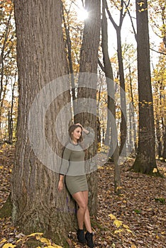 Beautiful young woman in green dress poses in autumn woods