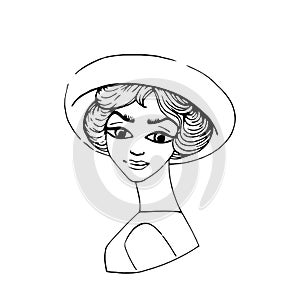 Beautiful young woman in hat. Retro lady model. Vintage vector fashion portrait isolated on white. Black and white hand