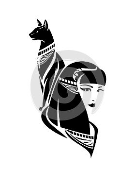 Ancient Egyptian cat goddess Bastet black and white vector portrait photo