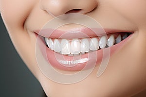 Beautiful young woman with healthy teeth, closeup. Dental care, Tooth whitening, perfect white teeth close up, female toothy