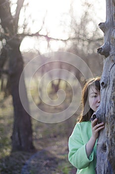 Beautiful young woman hiding behind a tree