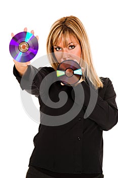 Beautiful young woman holding compact disc