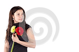Beautiful young woman holding gerbera flowers isolated on white background with space for text and ads
