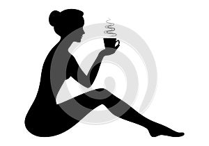 Beautiful young woman holding hot cup of coffee or tea silhouette. Coffee time vector illustration isolated on white background.