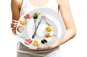 Beautiful young woman holding a plate with food, diet concept