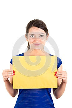 Beautiful young woman holding yellow blank sign