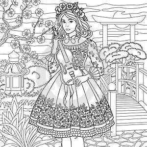 Floral woman coloring book page