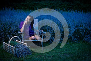 Beautiful young woman on lavander field at dusk - lavanda girl