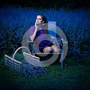 Beautiful young woman on lavander field at dusk - lavanda girl