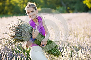 Beautiful young woman on lavander field - lavanda girl