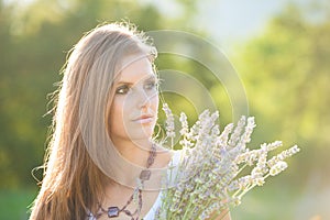 Beautiful young woman on lavander field - lavanda girl