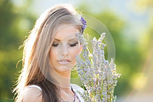 Beautiful young woman on lavander field - lavanda girl