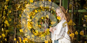 Beautiful young woman with light brown hair in a white sweater on a background of foliage in an autumn park