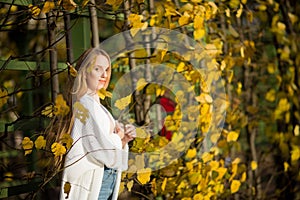 Beautiful young woman with light brown hair in a white sweater on a background of foliage in an autumn park.