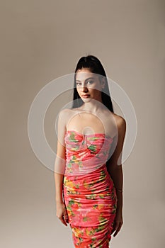 Beautiful young woman with long dark hair wearing cure dress. Vertical mock-up.